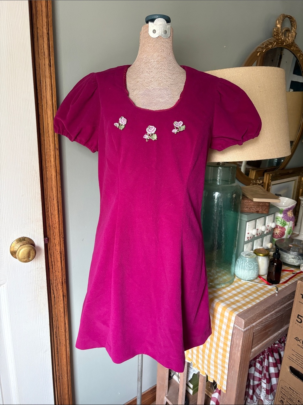 VINTAGE Velour Fuchsia Short Sleeve Dress with Rose Embroidery